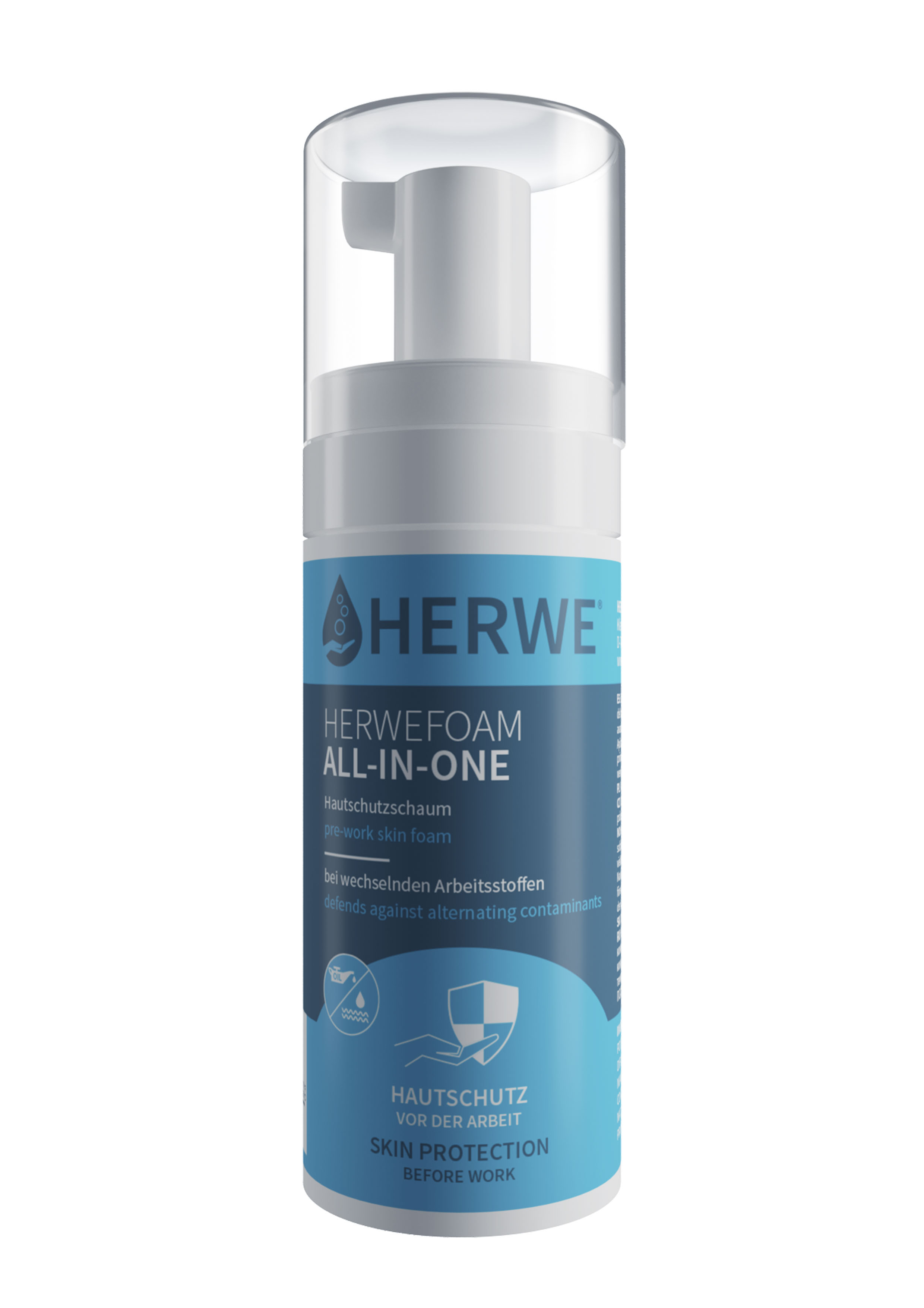 Spenderflasche Herwefoam All-in-One Hautschutzschaum zur Anwendung vor der Arbeit