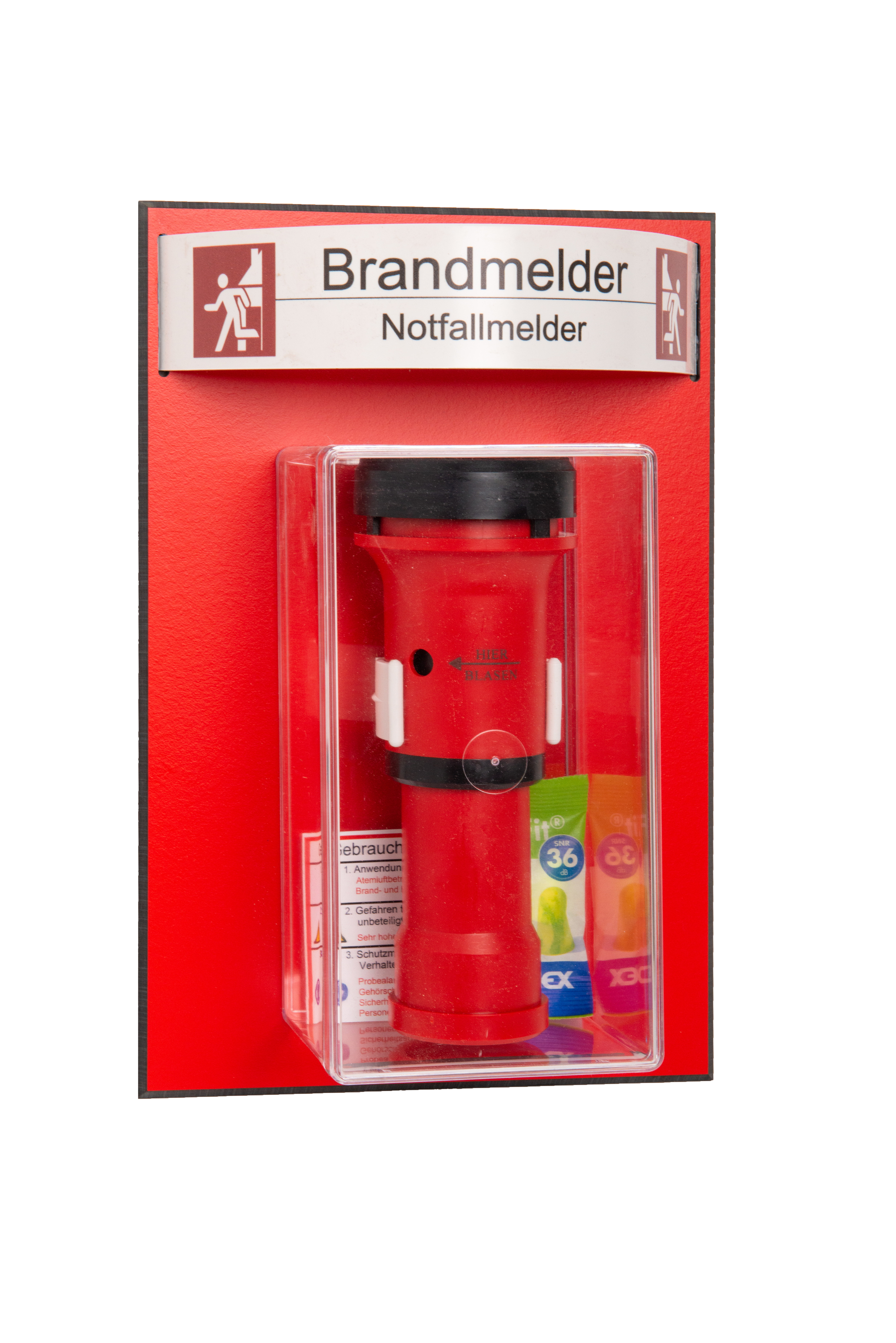 Ein roter Brandmelder und Notfallmelder mit durchsichtiger Abdeckung an einer Wand montiert