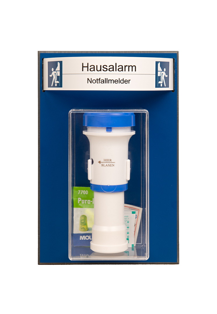 Notfall-Blasgerät in einer blauen Hausalarm-Verpackung mit der Aufschrift 'Notfallmelder'